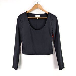 Open Edit Womens Smooth Scoop Neck Long Sleeve Crop Top in Black Size M